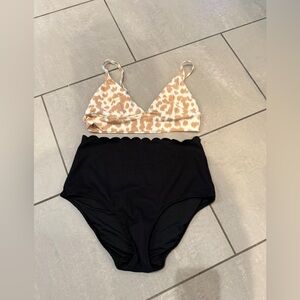 aerie Black High-Waist Swim Top with Tan Leopard Triangle Bikini Top